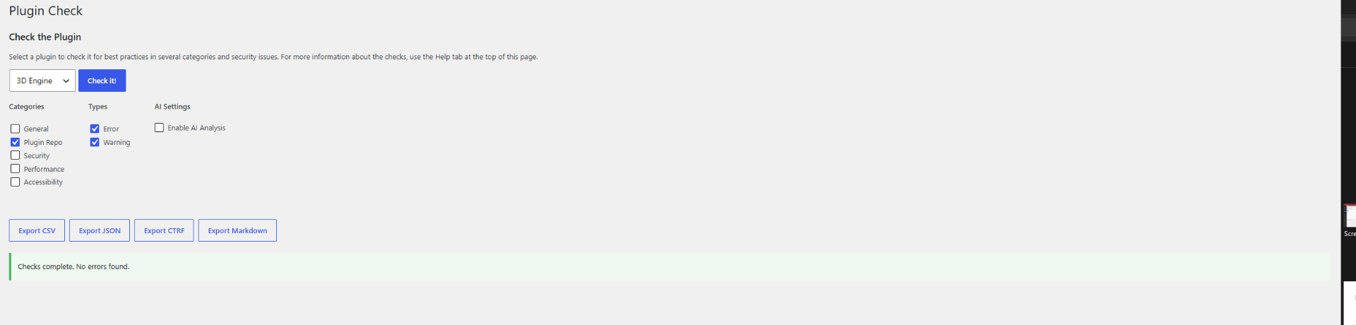 Plugin Check — výsledek: Checks complete. No errors found.